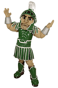Sparty mascot throwing hands up in air